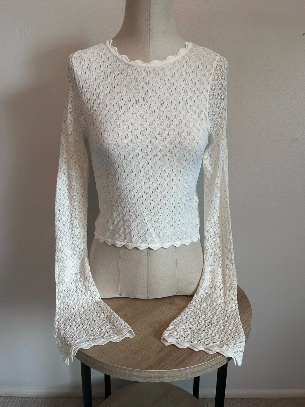 ZARA Ivory Open Knit Long-Sleeve Top Small
